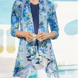 Soft Surroundings Cardigan Tea Garden Topper Koi Birds Art to Wear Duster small